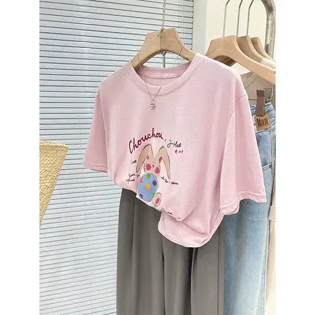 韩国短袖T恤女2023新款夏季宽松兔子印花减龄休闲薄款体恤ins上衣商品大图