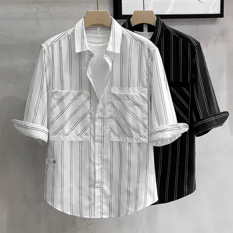 夏季天丝莱赛尔衬衫男休闲宽松短袖日系简约条纹男士五分中袖衬衣商品大图