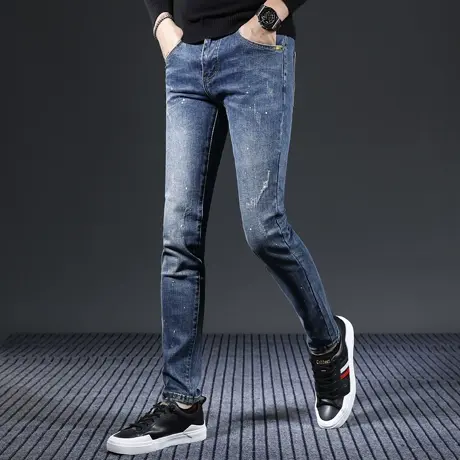 秋冬款牛仔裤男2023新款修身小脚裤深蓝色泼墨潮牌男士裤子弹力图片