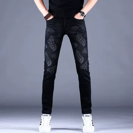 男士高端印花牛仔裤男秋冬男款2023新款高端潮牌修身小脚休闲裤子商品大图