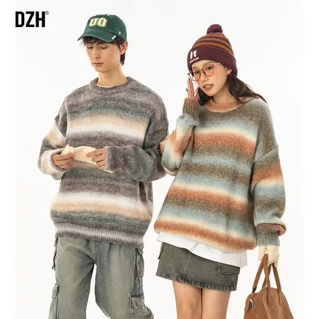 情侣宽松条纹毛衣慵懒风软糯圆领中性风冬季内搭男针织衫内搭上衣图片