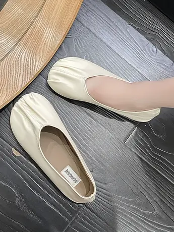 平底褶皱浅口小单鞋女2023夏牛筋底套脚豆豆鞋洋气复古软底奶奶鞋商品大图