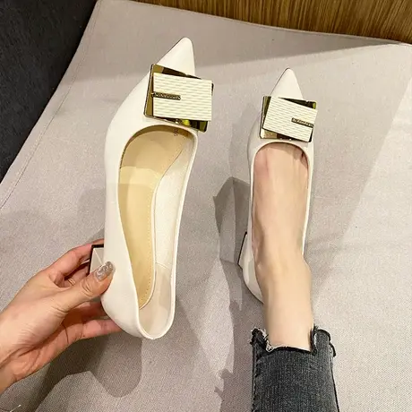 单鞋2024年夏季新款职业鞋不累脚法式气质纯色浅口尖头粗跟高跟鞋图片