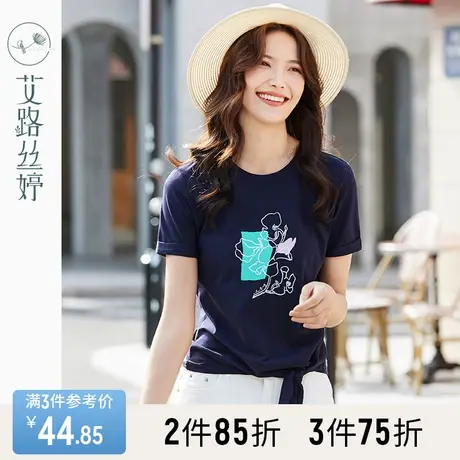 艾路丝婷印花短袖T恤女2023夏装新款韩版系带收腰体恤休闲棉上衣商品大图