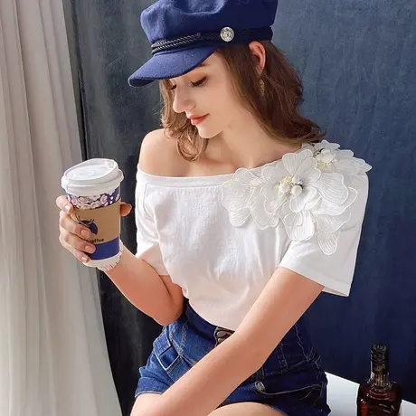 粉红大布娃娃浪漫立体花朵手工钉珠重工T恤女夏季新款设计感T恤女商品大图