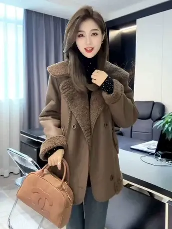 设计感小众翻领皮毛一体外套女2023秋冬新款韩版时尚宽松显瘦上衣商品大图