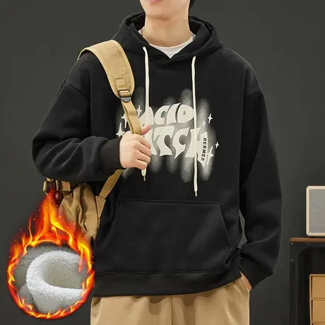 冬季加绒加厚美式休闲潮牌连帽卫衣2023新款男士秋冬款长袖上衣服商品大图