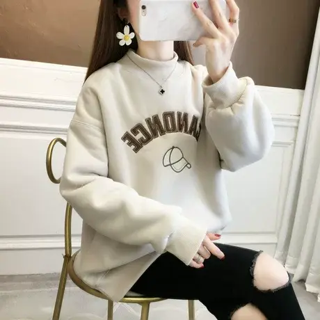 半高领卫衣女2023新款爆款秋冬季韩版宽松加绒加厚小个子上衣外套图片