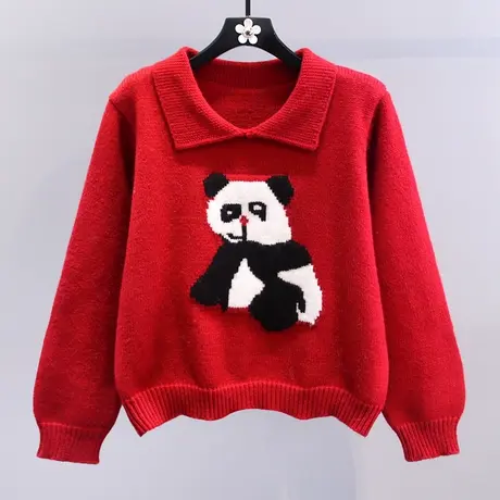 复古小熊提花新年红色毛衣女冬季2023新款宽松时尚减龄针织衫上衣商品大图