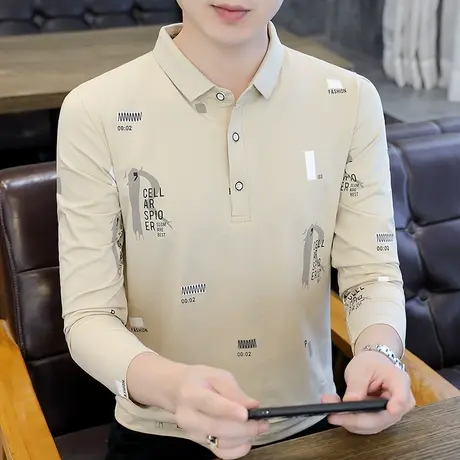 纯棉高端字母印花polo衫男士潮流长袖T恤秋季新款商务休闲翻领ins商品大图