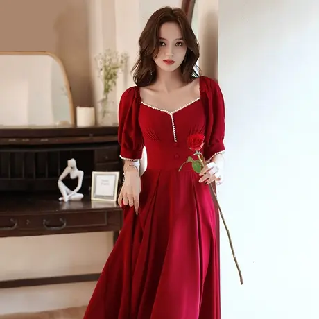 敬酒服新娘夏季法式方领红色小礼服平时可穿中长款订婚回门连衣裙商品大图