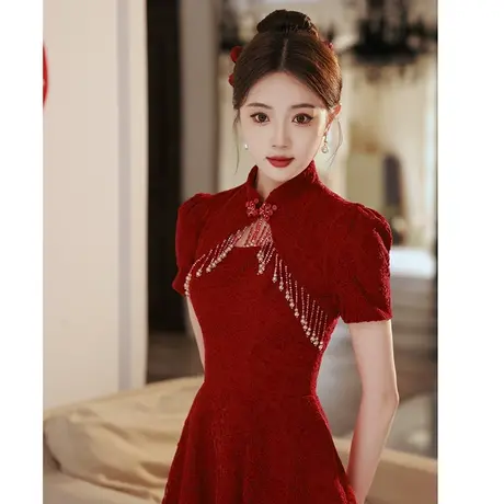 旗袍敬酒服2024新款新娘夏季高级感小个子订婚礼服红色连衣裙蕾丝商品大图