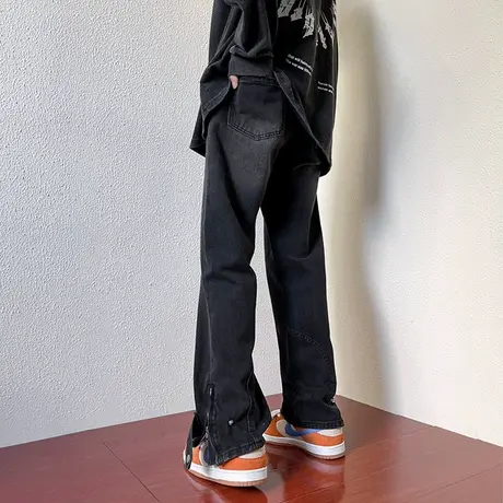 牛仔裤男秋冬季港风复古水洗设计感小众拉链休闲长裤美式微喇叭裤商品大图