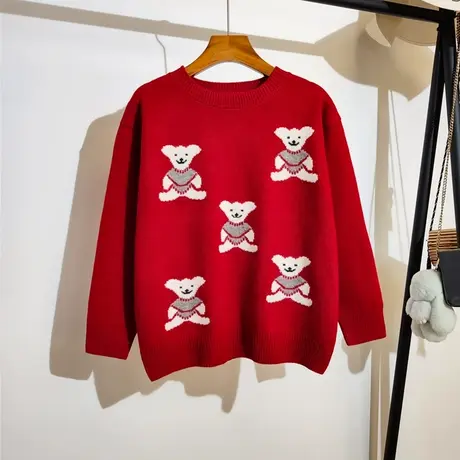 2024新年红色小熊毛衣女秋冬内搭宽松圆领打底针织衫加厚上衣外穿商品大图