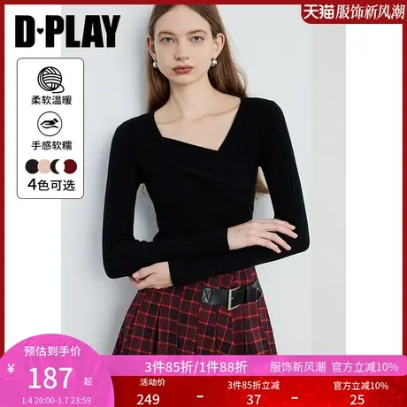 DPLAY秋季通勤黑色V领不规则斜搭片设计修身套头针织衫毛衣上衣女图片