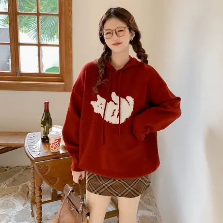 othermix卡通提花连帽针织衫上衣女2024春季新款宽松休闲套头毛衣图片