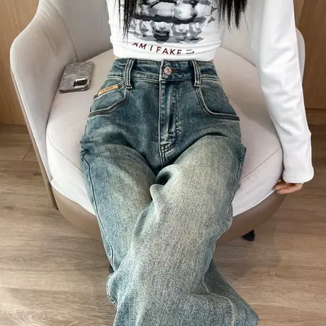 复古直筒阔腿牛仔裤女春秋2024新款高腰显瘦水洗做旧宽松拖地裤子商品大图