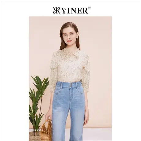 YINER音儿线上专选女装2023夏季飘带印花衬衫七分公主袖上衣商品大图