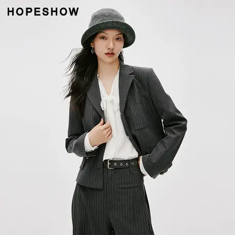 红袖日系时尚条纹正肩西装女hopeshow2024春新款单排扣翻驳领西服商品大图