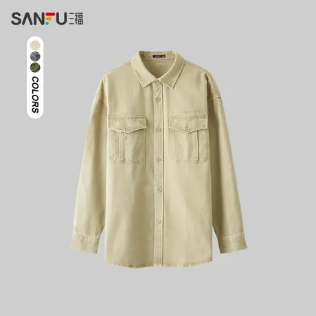 三福2024春季男士洗水字母长衬衫 日系户外翻领上衣男482337商品大图
