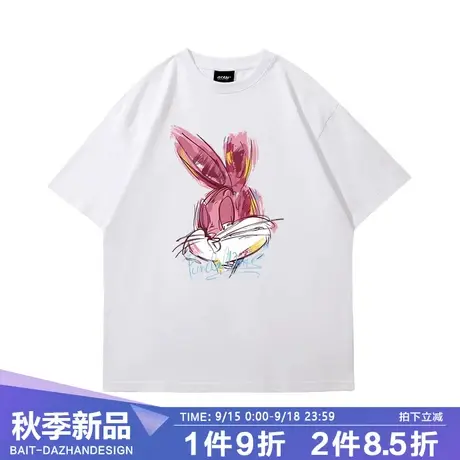 重磅纯棉落肩短袖T恤男 2023夏季涂鸦兔八哥印花宽松圆领半袖衣服商品大图
