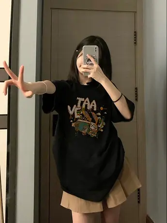 重磅纯棉黑色短袖t恤女oversize春季美式复古半袖宽松圆领上衣夏商品大图