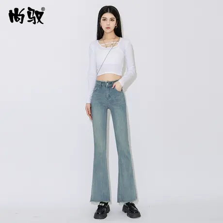 蓝色毛边高腰微喇裤女夏季新品微弹喇叭裤高腰提臀修身显瘦长裤子商品大图