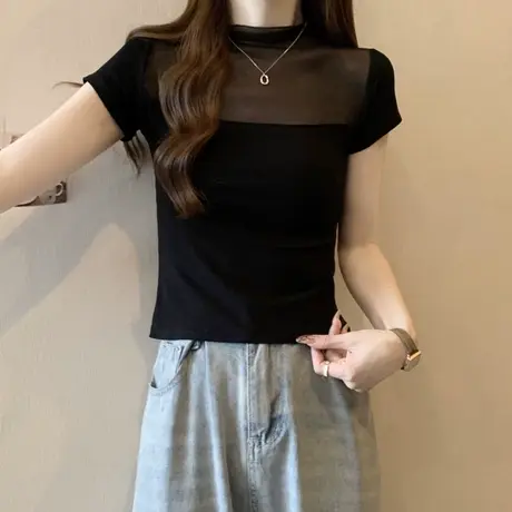 法式纯欲风网纱拼接短袖T恤女夏季修身韩版短款小个子辣妹上衣潮商品大图