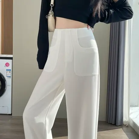 米白色窄版棉麻西装裤女2024春夏高腰垂感休闲宽松显瘦直筒阔腿裤图片