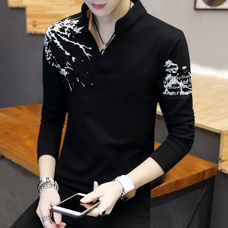 长袖T恤春秋季男青年修身立领秋装纯棉体恤潮流男士韩版小衫体恤商品大图