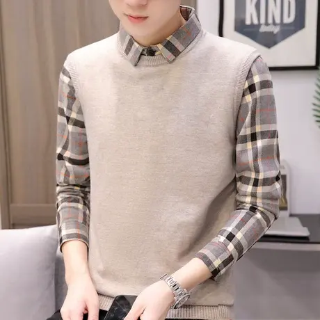 ins毛衣男秋冬季衬衫领针织衫男装韩版潮流假两件加绒t恤潮牌线衣商品大图