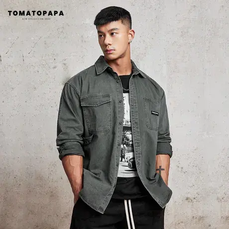 TOMATOPAPA新款工装衬衫男斜纹耐磨棉复古翻领衫工装开衫男子上衣商品大图