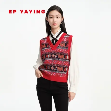 EP YAYING雅莹女装 美利奴羊毛提花V领针织背心 商场同款9017A商品大图