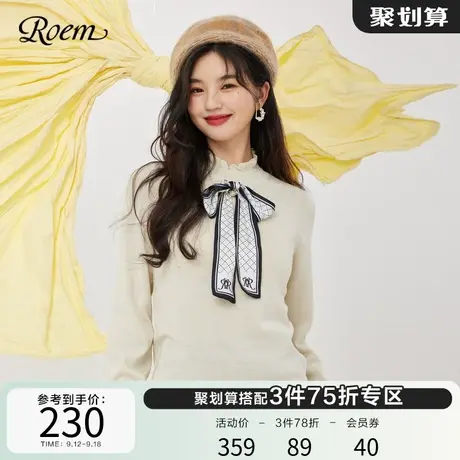 Roem秋冬商场同款甜美木耳边半高领蝴蝶结百搭时尚长袖针织衫女商品大图