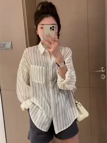 粉色条纹休闲宽松衬衣防晒衣女2023夏季长袖百搭衬衫轻透外套上衣图片