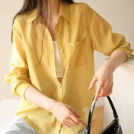 衬衫女新款2023年日系黄色上衣春秋复古港味设计感法式衬衣外套商品大图