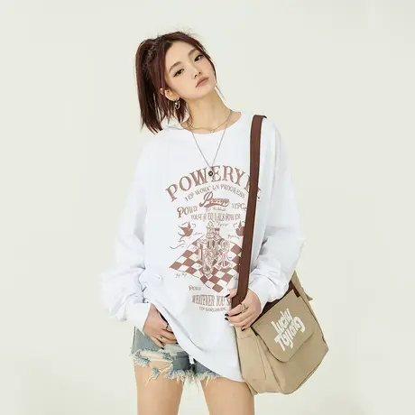 YEP美式复古白色长袖T恤女春秋新款宽松圆领内搭打底衫上衣ins潮商品大图