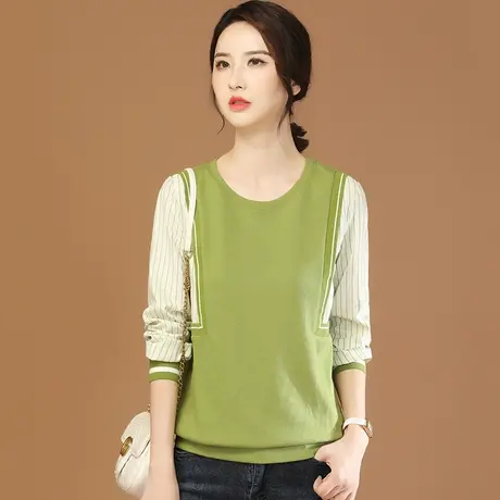韩潮袭人圆领假两件条纹拼接卫衣女2023秋季新款宽松百搭T恤上衣商品大图