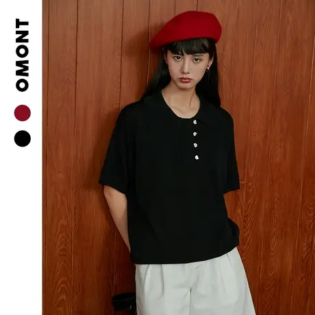 omont蛋挞家 复古五分袖衬衫领针织衫女早秋宽松设计感polo衫上衣商品大图