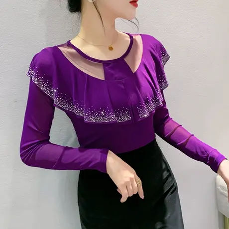 时尚荷叶边T恤女长袖秋装2023新款性感网纱打底衫重工烫钻上衣潮商品大图