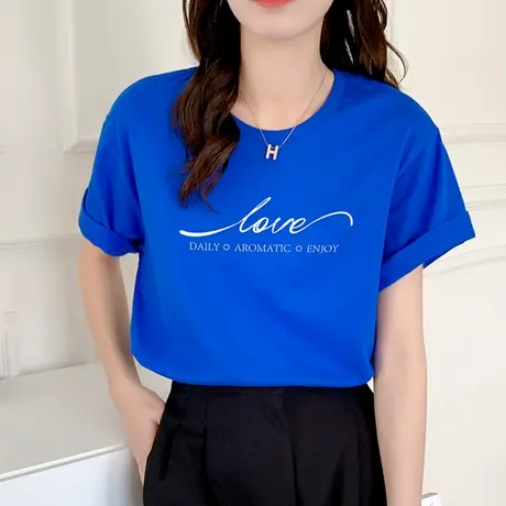 克莱因蓝大码短袖t恤女夏季2023年新款宽松纯棉半袖体恤上衣ins潮图片