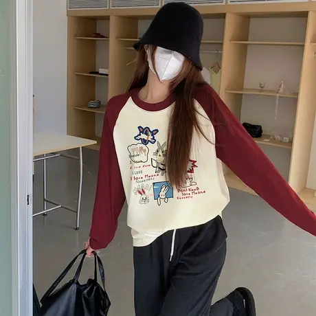 秋冬新款100%纯棉印花卡通圆领长袖t恤女百搭小众别致韩版上衣女图片