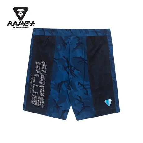 AAPE+运动男装春夏字母印花猿颜徽章网面拼接迷彩休闲短裤6772XAG商品大图