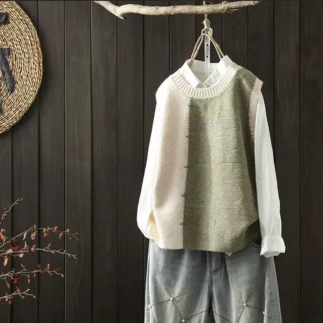 枫谜2020年秋装新款文艺简约撞色针织马夹女宽松韩版休闲针织毛衣图片