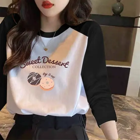 磨毛加厚长袖T恤女插肩袖撞色甜甜圈印花上衣2022年秋冬圆领打底图片