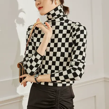 棋盘格高领加厚针织衫女2022秋冬洋气内搭上衣黑白打底衫保暖毛衣商品大图