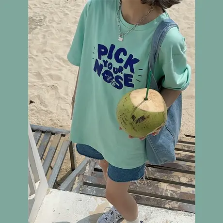 原创~2023新款夏装韩版字母宽松慵懒风盐系少女纯棉短袖T恤女上衣图片