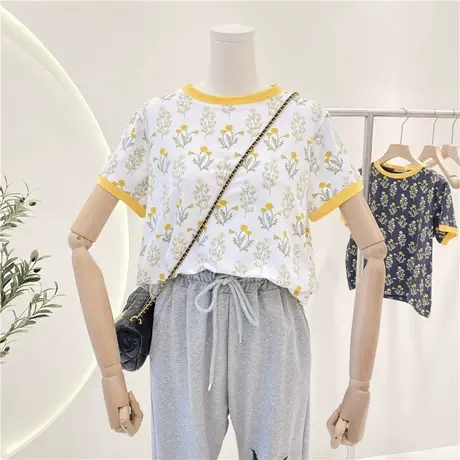 短袖t恤女2021夏季新款韩版ins潮碎花清新甜美宽松花朵百搭上衣服图片