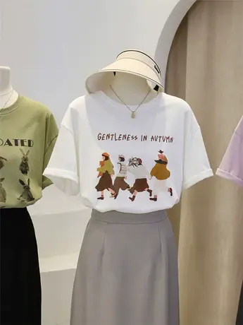 卡通印花短袖t恤女夏季2023新款内搭打底衫宽松百搭圆领正肩上衣图片