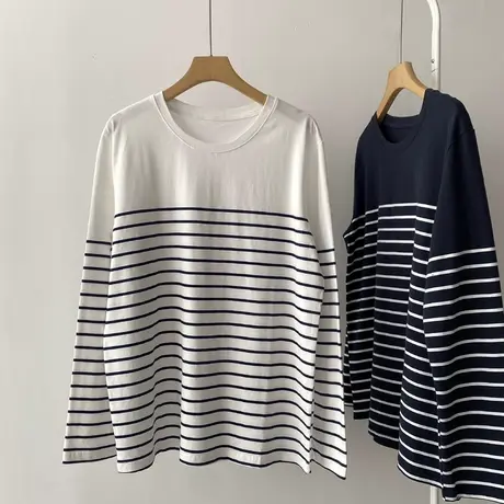 简约大气百搭撞色条纹圆领长袖t恤女秋季韩版宽松显瘦打底衫上衣商品大图